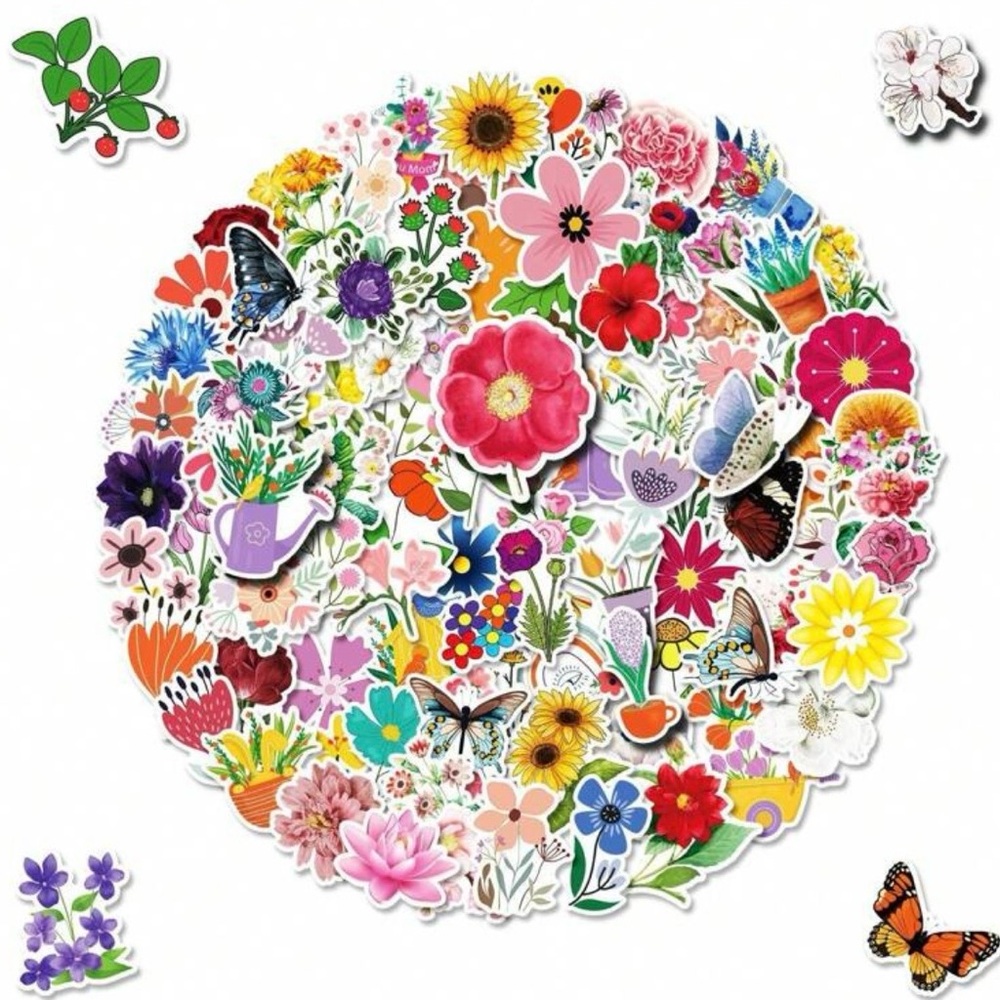 100 Colorful Flower Stickers Insects Nature Garden Blossoms - Picture 10 of 11